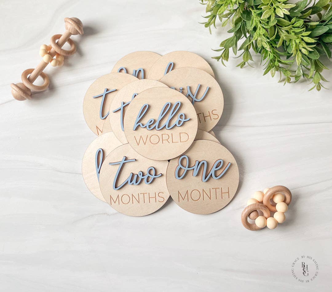 3D Wooden Monthly Milestone Discs With Light Pink Letters