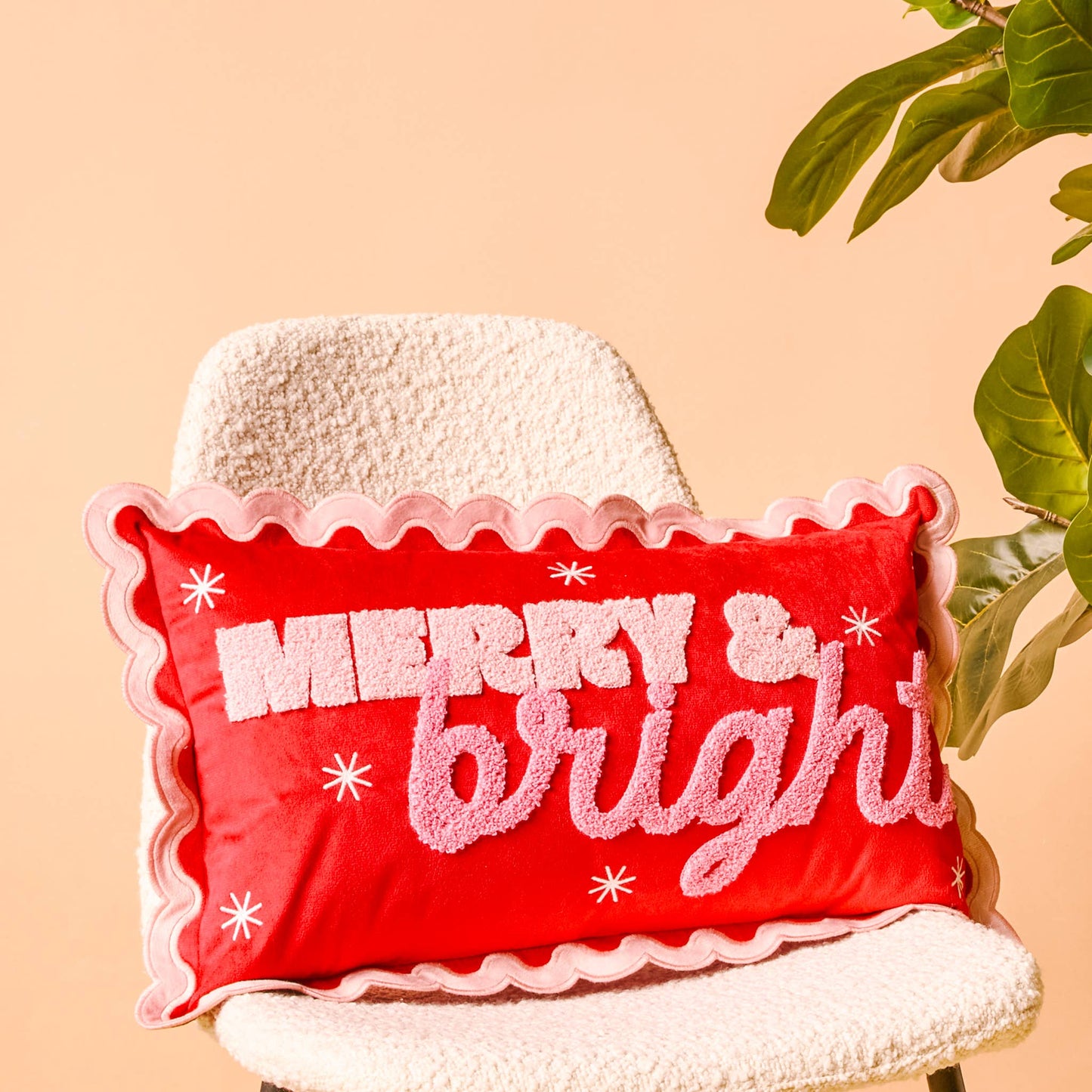 Merry & Bright Scalloped Rectangular Christmas Pillow