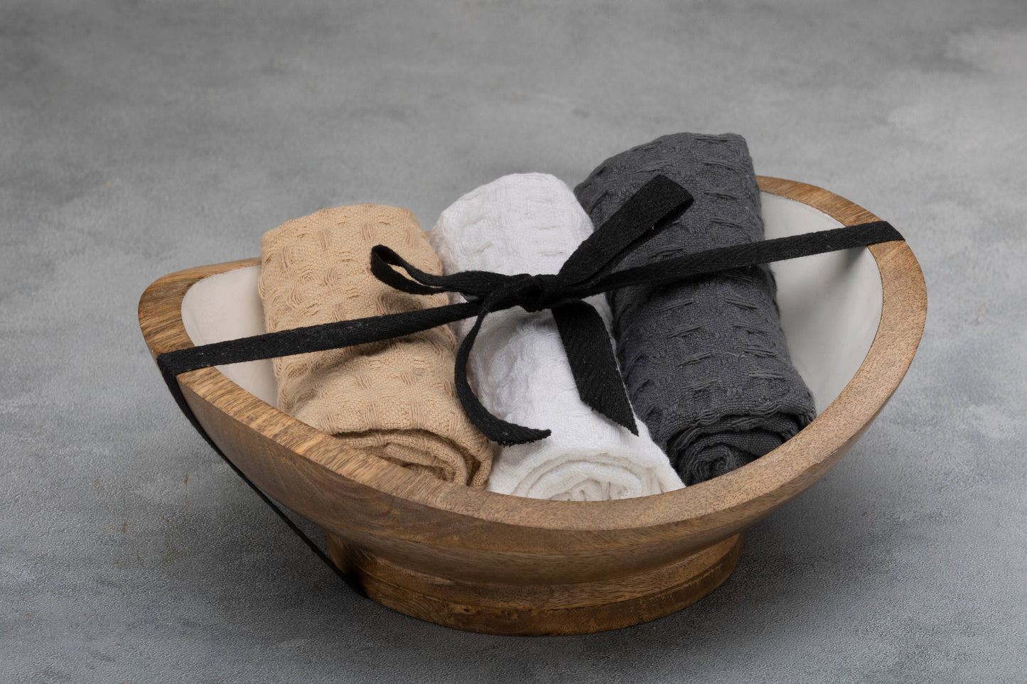 Mini Wooden Serving Bowl with 3 Dish Towels-Gift Set
