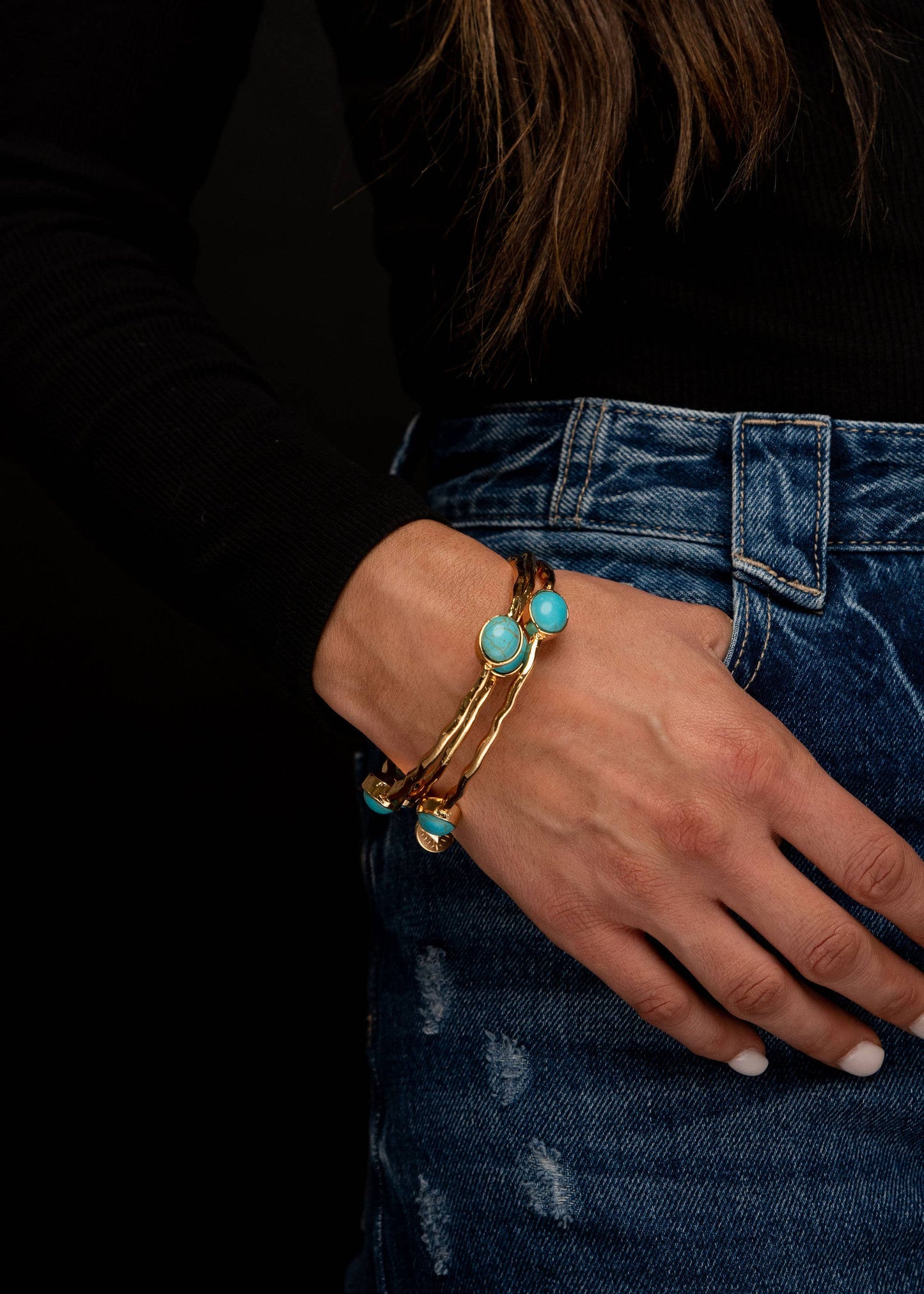 Set/3 Burnished Gold Bangles with TQ Ovals