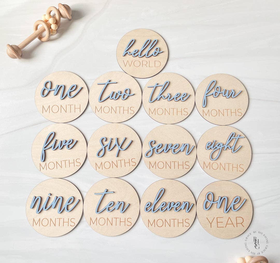 3D Wooden Monthly Milestone Discs With Light Pink Letters