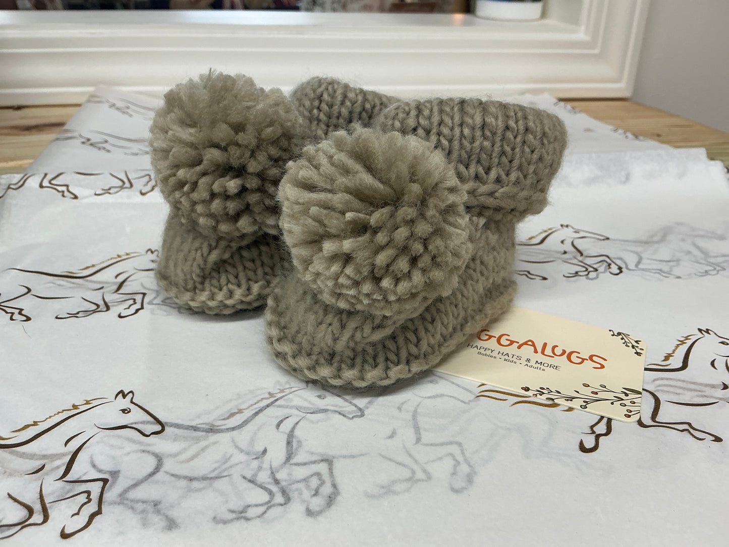 Garter Stitch Baby Booties Grey with Pom Poms