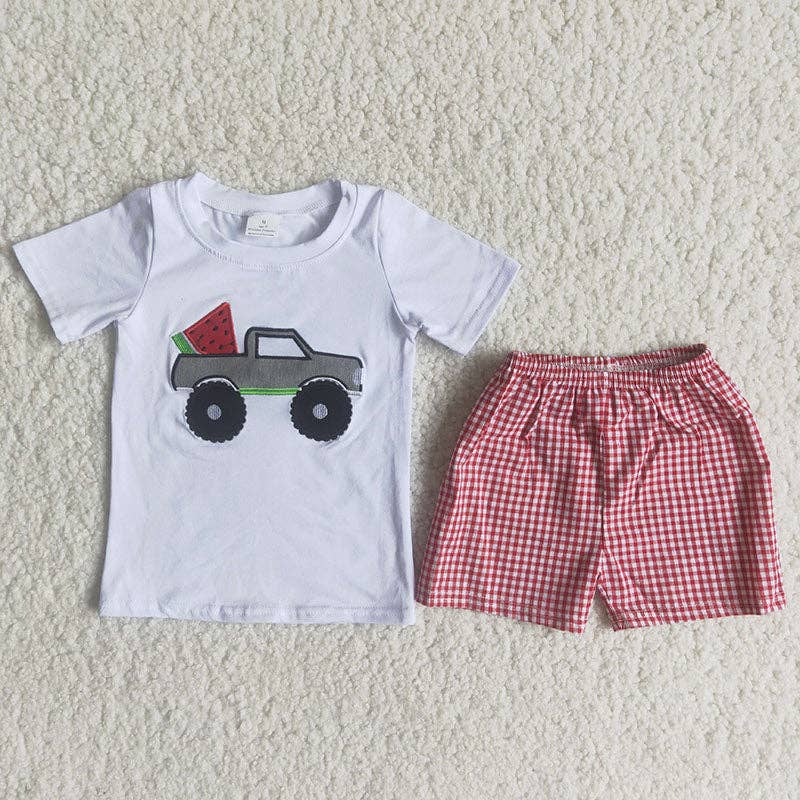 Boy Watermelon Truck Plaid Outfit