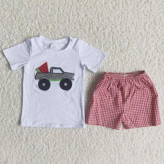Boy Watermelon Truck Plaid Outfit