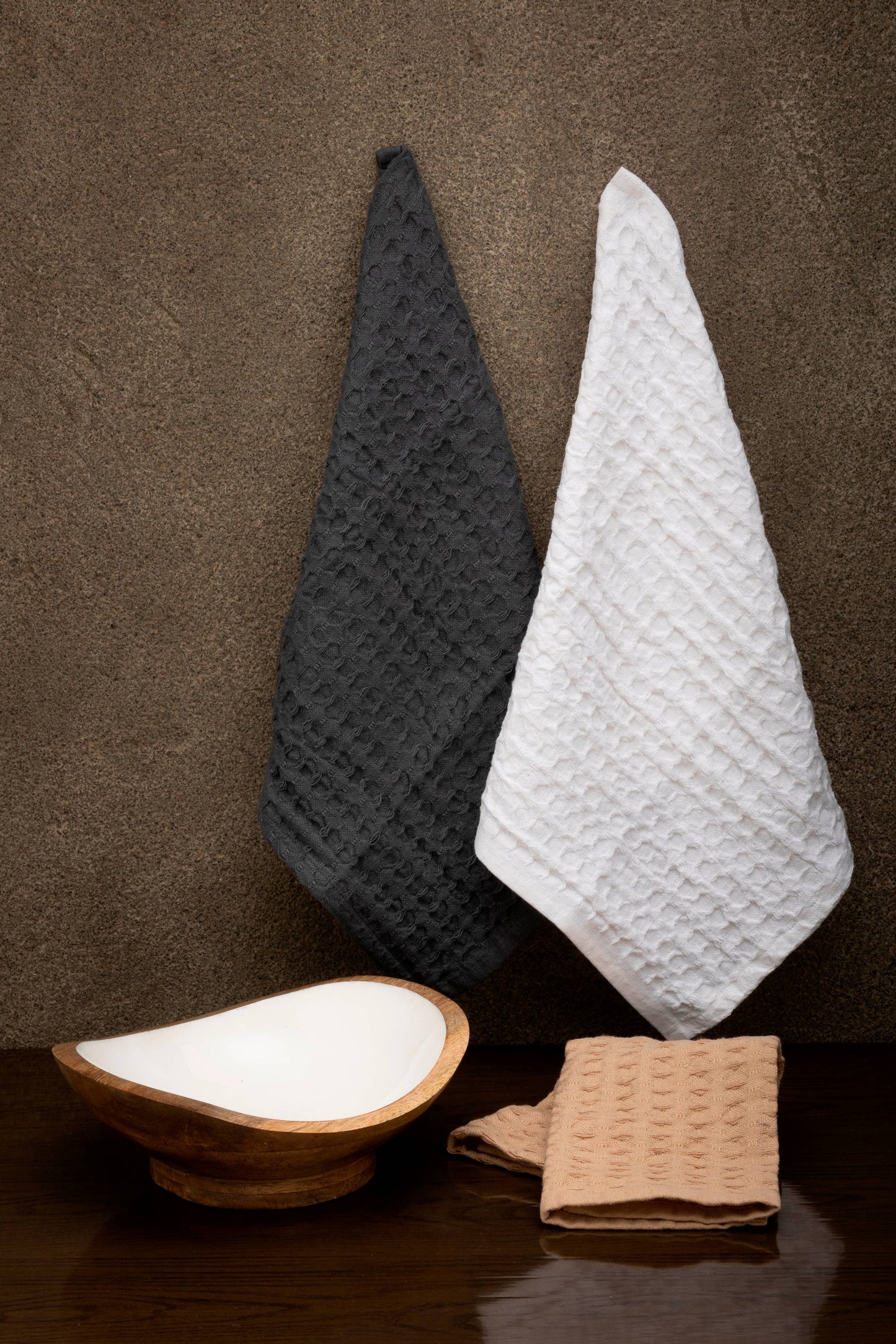 Mini Wooden Serving Bowl with 3 Dish Towels-Gift Set