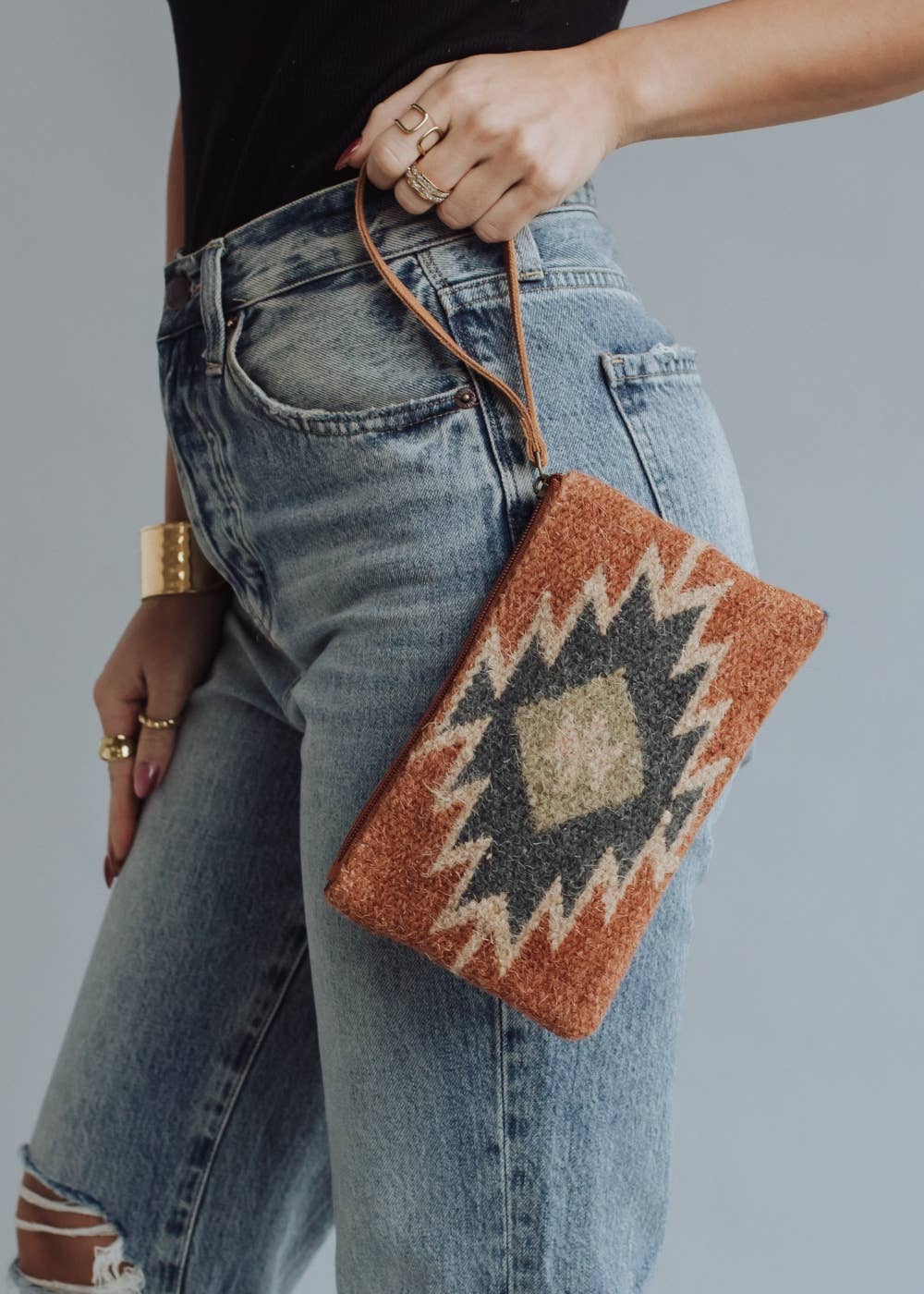 Rust, Green & Cream Aztec Wristlet