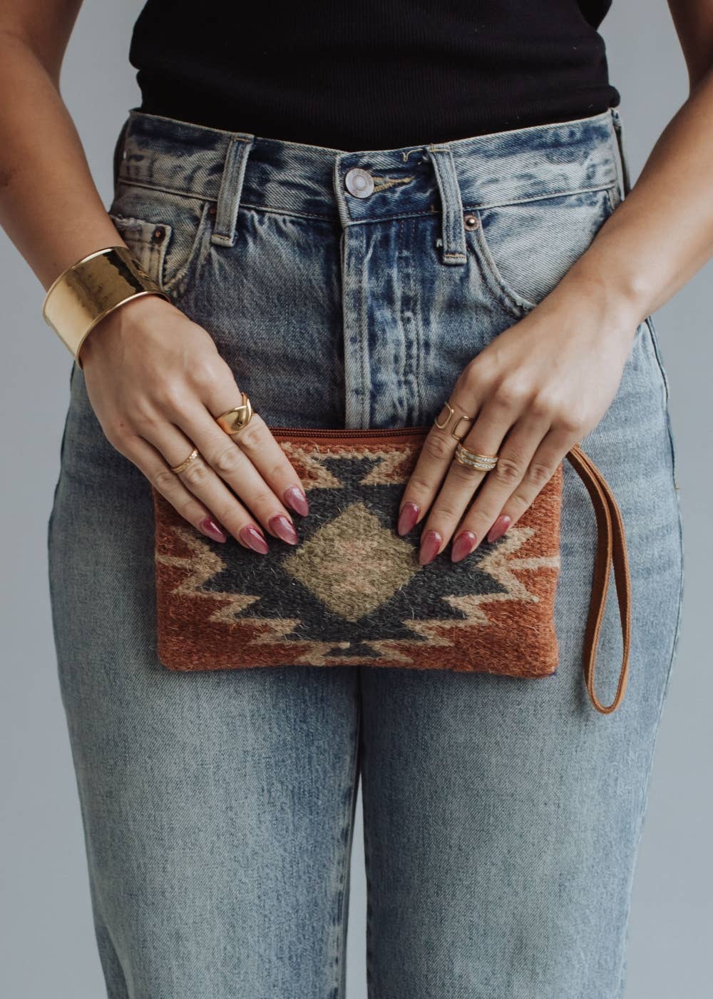 Rust, Green & Cream Aztec Wristlet