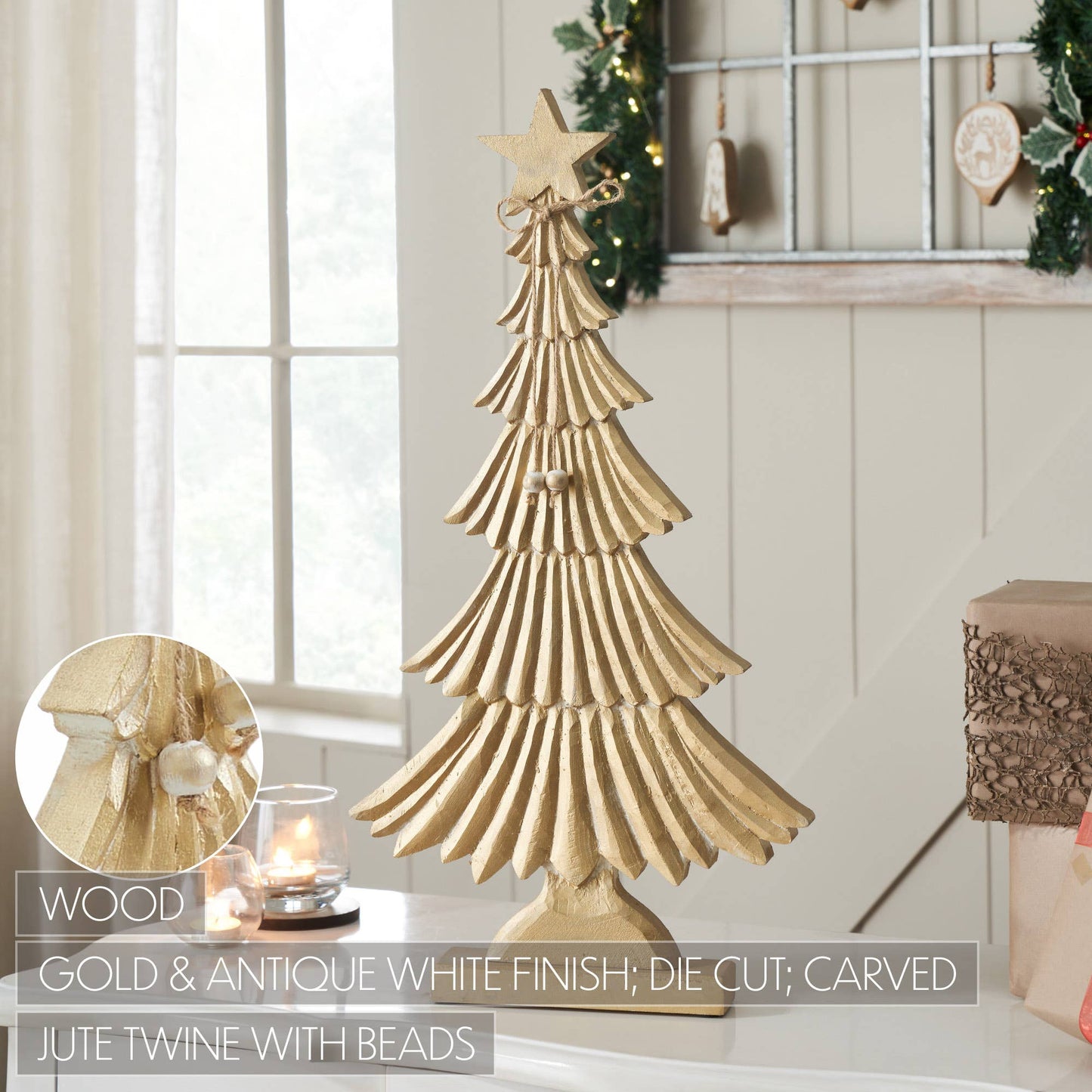Yuletide Glow Brushed Gold Wooden Tree 24.5x12.75x2
