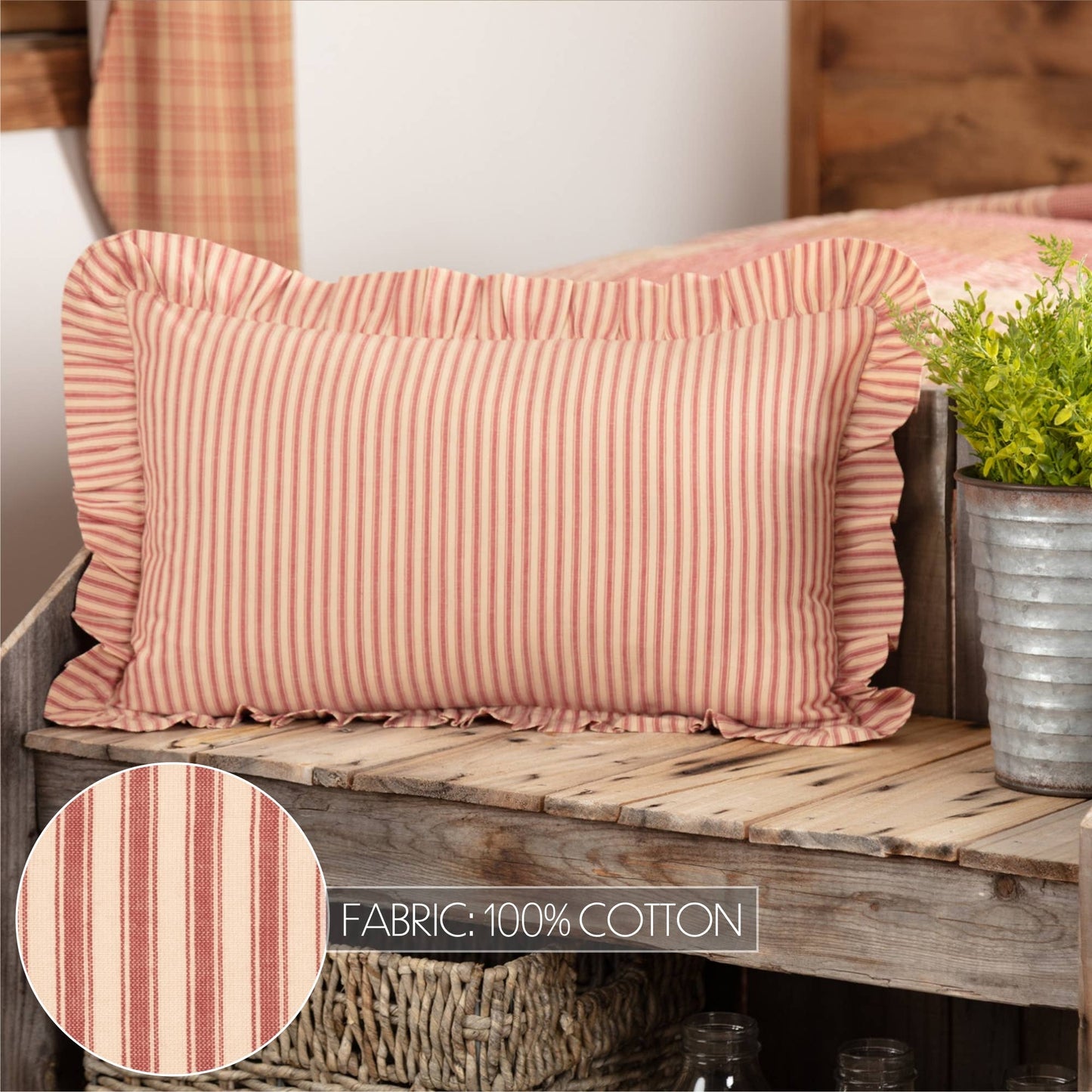 Red Ticking Stripe Fabric Pillow 14x22