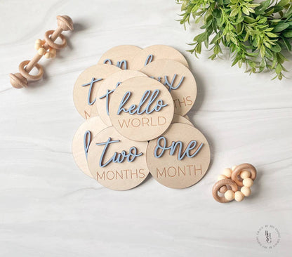 3D Wooden Monthly Milestone Discs With Light Pink Letters 