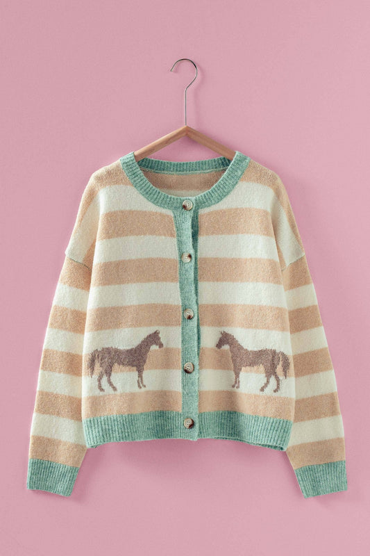 Horse Striped Crew Neck Cardigan