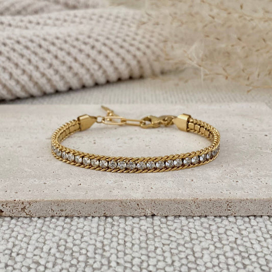 Braided chain and rhinestones tennis bracelet 18k GP