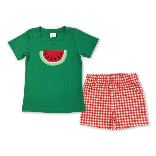 Green watermelon top with plaid shorts