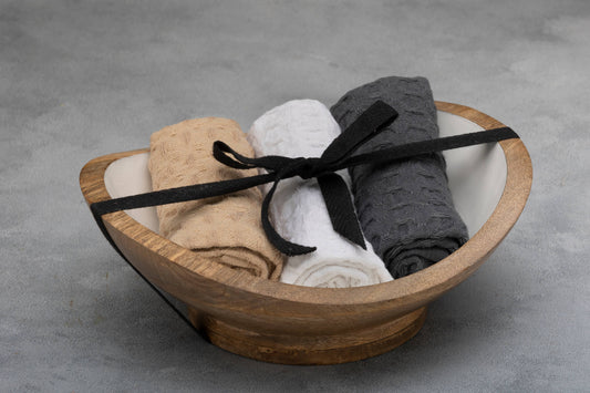 Mini Wooden Serving Bowl with 3 Dish Towels-Gift Set
