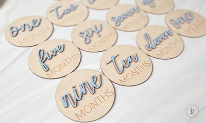 3D Wooden Monthly Milestone Discs With Light Pink Letters 