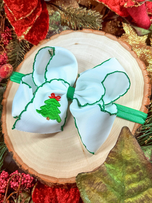 Christmas Tree Embroidered Moonstitch Bow Headband