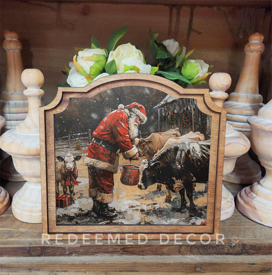 Santa With Cows Framed Art