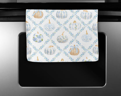 Blue Pumpkin Chinoiserie Fall Coastal Kitchen Towel Waffle