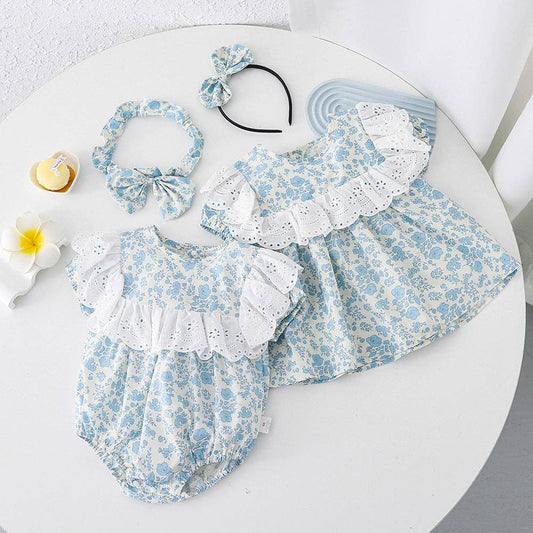 Blue Floral Lace Romper Match Headband