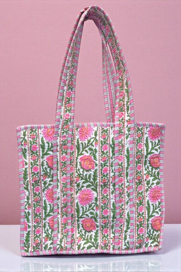 Ronan Green and Pink Floral Tote Bag