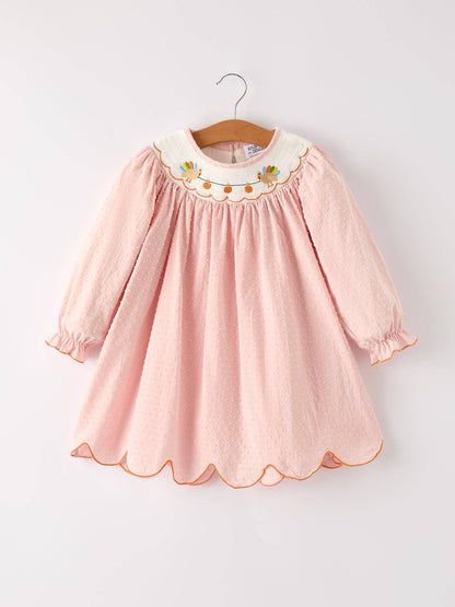 Thanksgiving Turkey/Pumpkin Smock Embroidery Baby Girl Dress