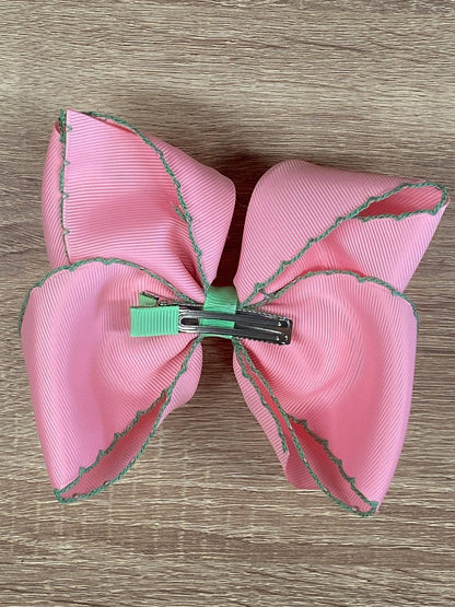 Pink with Green Moonstitch Hair Bow