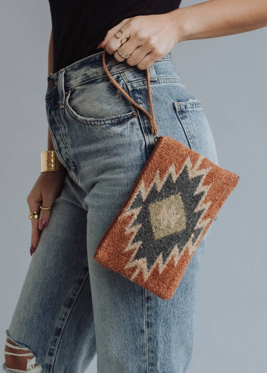 Rust, Green & Cream Aztec Wristlet