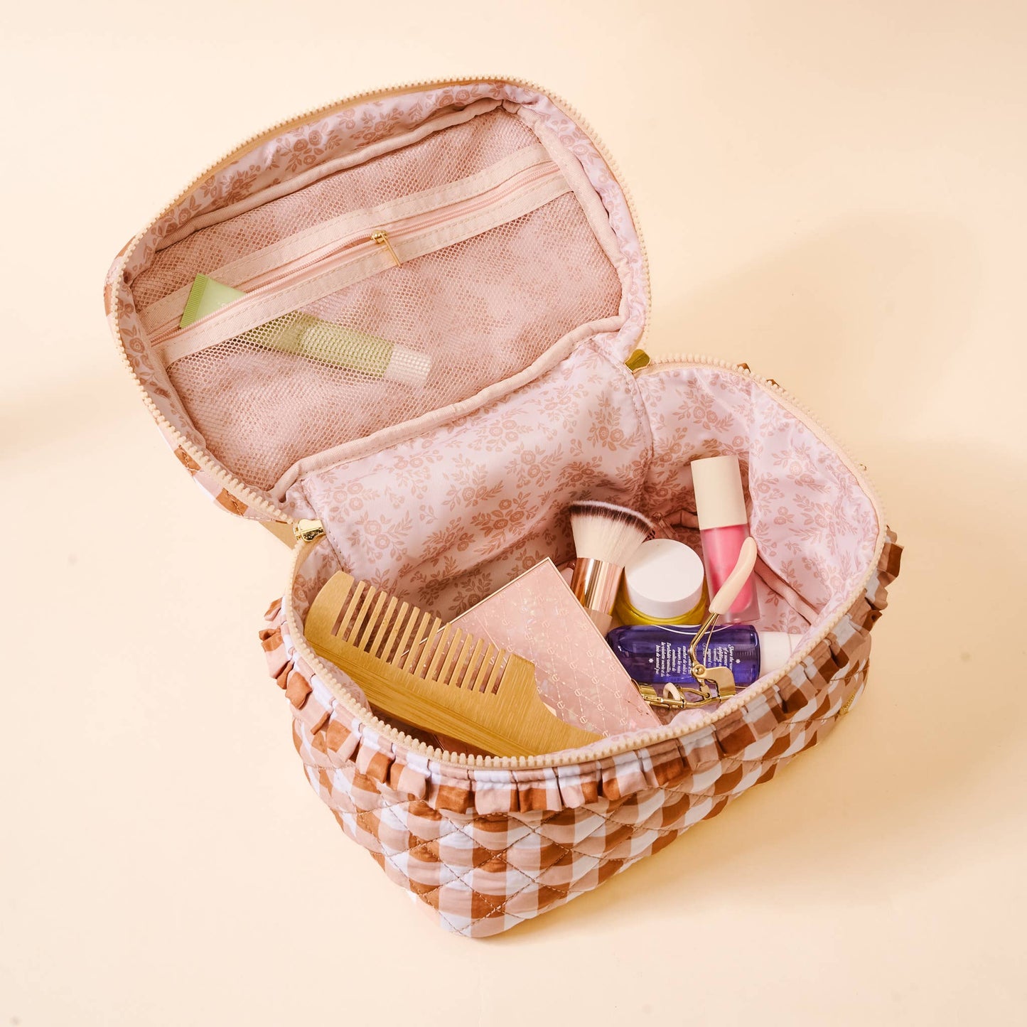 Glam & Go Quilted Cosmetic Bag-Maple Gingham